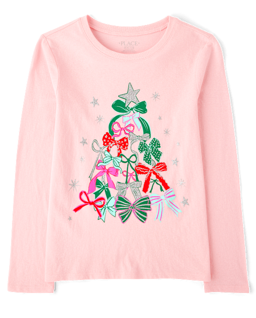 Girls Bow Christmas Tree Graphic Tee