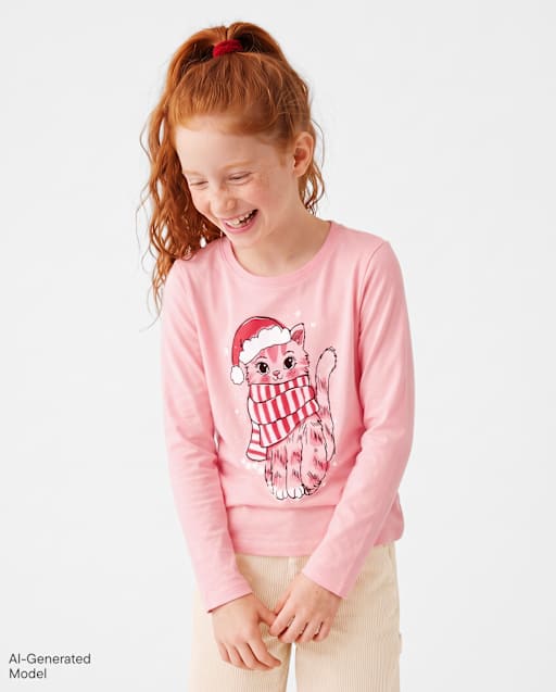 Girls Christmas Cat Graphic Tee