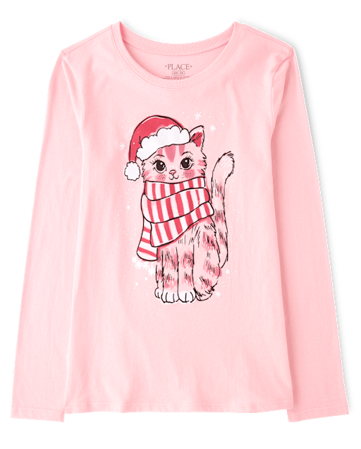 Girls Christmas Cat Graphic Tee