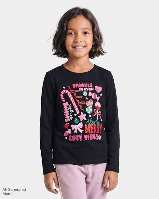 Girls Christmas Doodles Graphic Tee