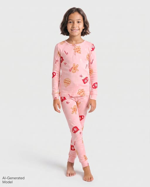 Girls Matching Family Gingerbread Snug Fit Cotton Henley Pajamas