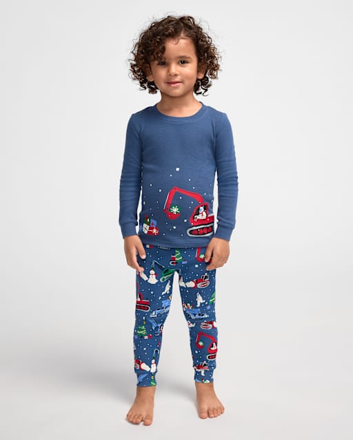Pyjama en coton ajusté pour bébés et petits garçons, motif véhicules de chantier lumineux de Noël