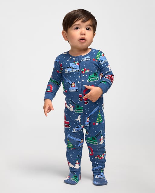 Baby And Toddler Boys Christmas Construction Vehicle Snug Fit Cotton Footed One Piece Pajamas