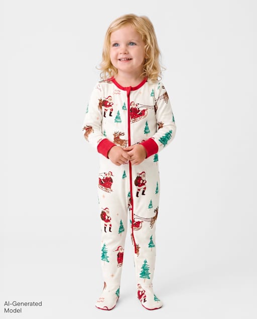 Pyjama une pièce en coton, coupe ajustée, avec pieds, assorti pour bébé et famille, motif traîneau du Père Noël