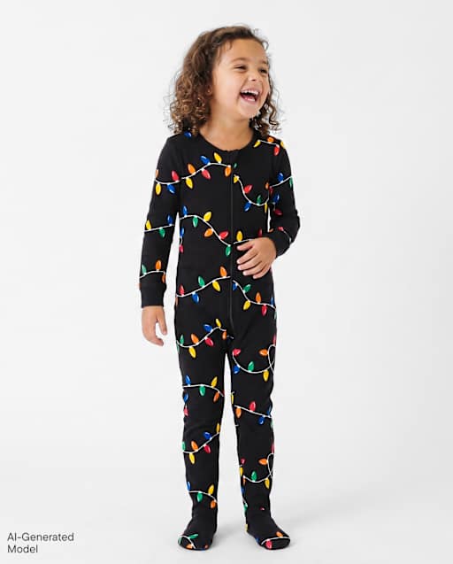 Pyjama une pièce en coton, coupe ajustée, avec pieds, assorti pour bébé et famille, motif lumières de Noël