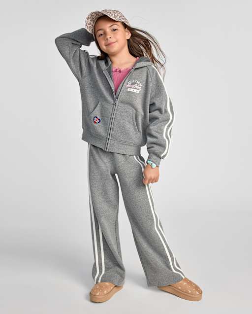 Girls Side Stripe Premium Fleece Wide Leg Sweatpants