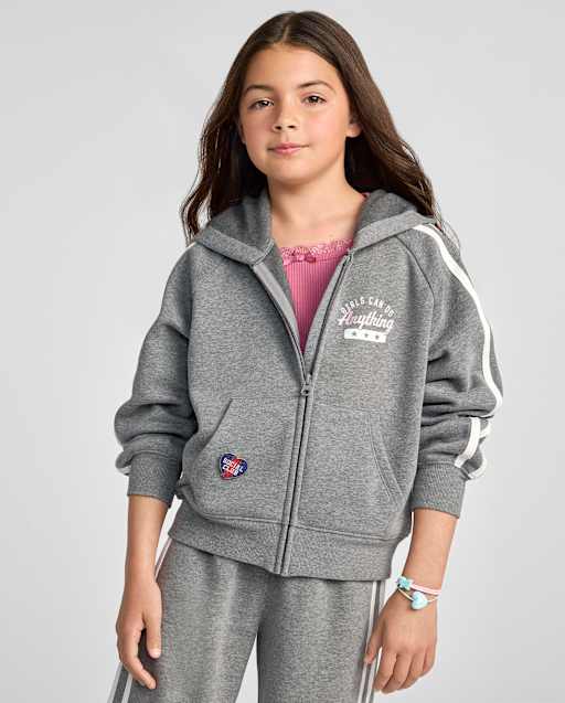 Girls Graphic Side Stripe Premium Fleece Zip Up Hoodie
