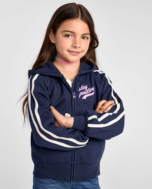 Sweat à capuche zippé en polaire premium avec rayures latérales graphiques pour filles