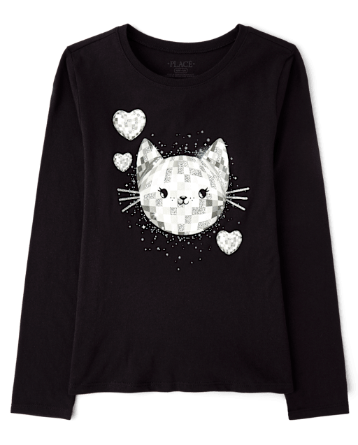 Girls Glitter Disco Ball Cat Graphic Tee