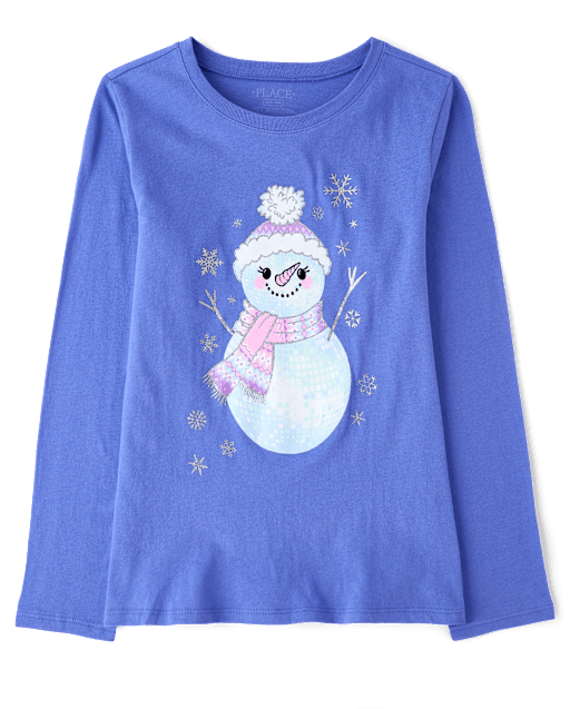 Girls Glitter Disco Ball Snowman Graphic Tee