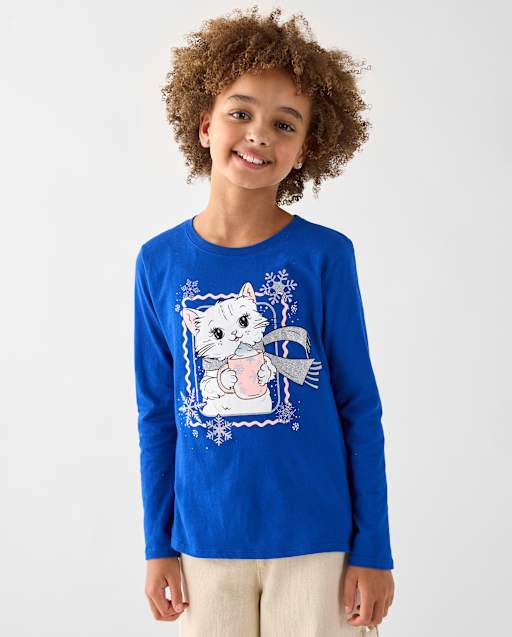 Girls Winter Cat Graphic Tee