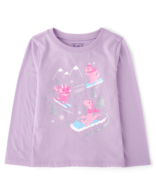 Baby And Toddler Girls Glitter Dino Sled Graphic Tee