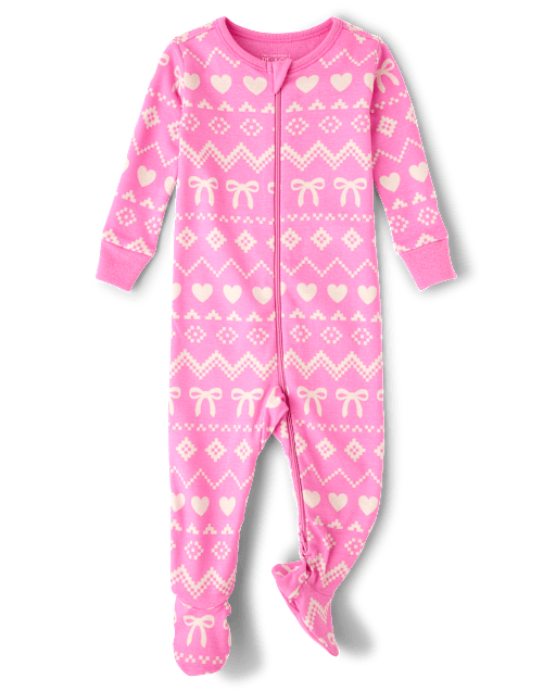 Baby And Toddler Girls Bow Fairisle Snug Fit Cotton Footed One Piece Pajamas