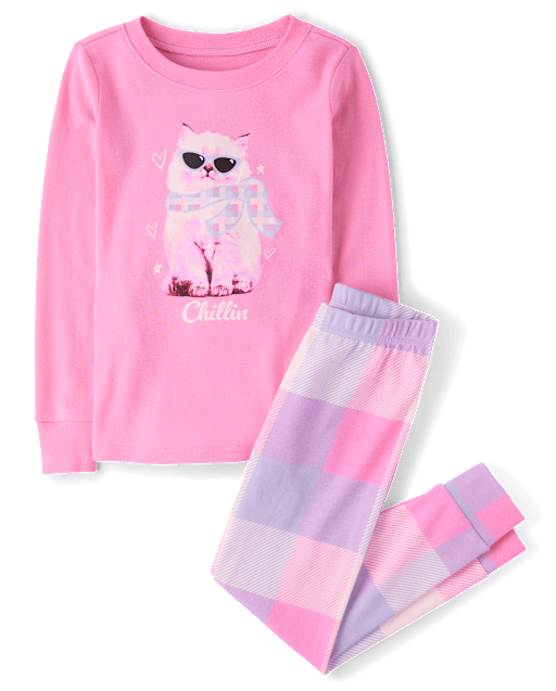 Girls Chill Cat Snug Fit Cotton Pajamas
