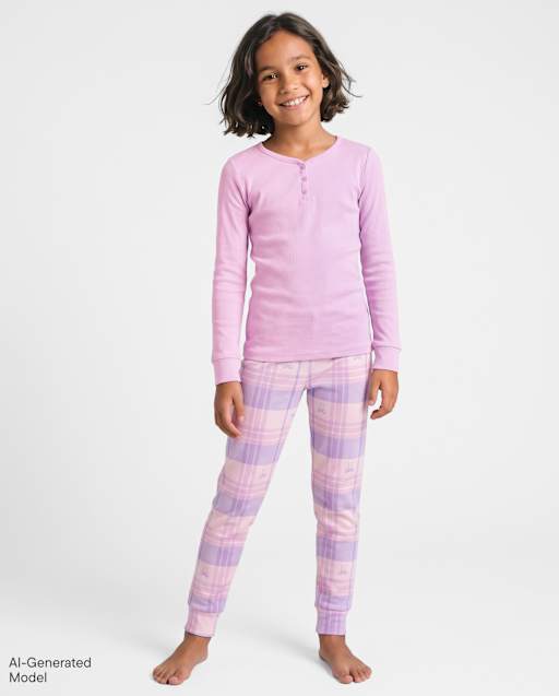 Girls Plaid Bow Snug Fit Cotton Henley Pajamas