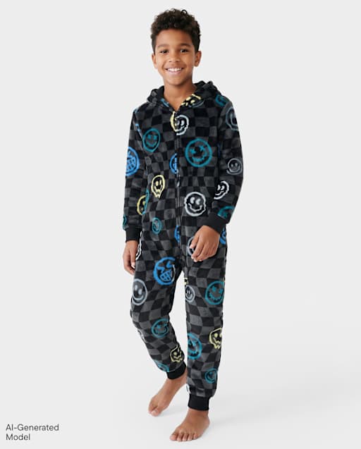 Boys Checkered Happy Face One Piece Pajamas - Cozy Fleece
