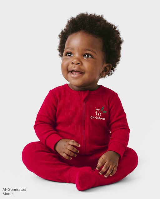 Baby Embroidered First Christmas Snug Fit Thermal Footed One Piece Pajamas