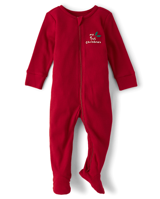 Baby Embroidered First Christmas Snug Fit Thermal Footed One Piece Pajamas