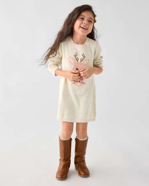 Baby And Toddler Girls Embellished Reindeer Sweater Dress