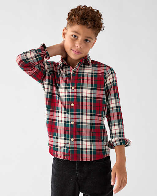 Boys Plaid Poplin Button Up Shirt