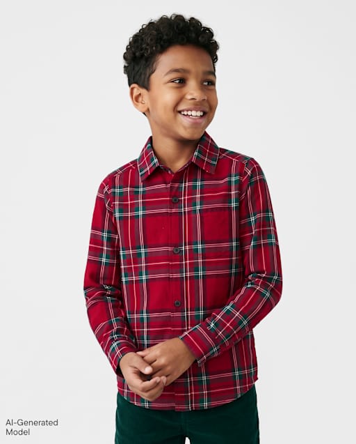 Boys Plaid Poplin Button Up Shirt
