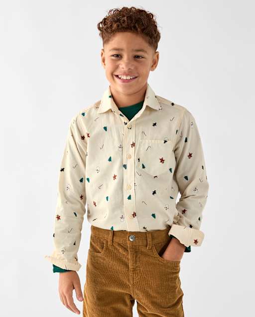 Boys Christmas Poplin Button Up Shirt