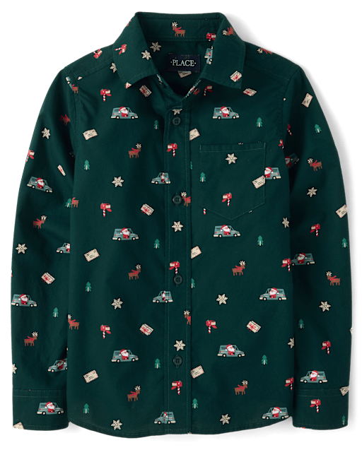 Boys Christmas Poplin Button Up Shirt