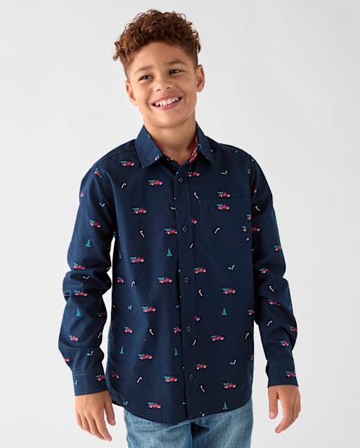 Chemise boutonnée en popeline de Noël pour garçon