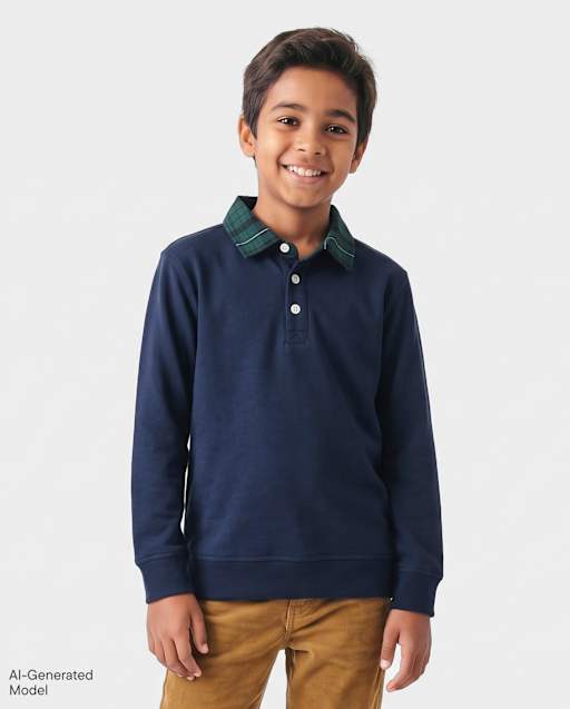Boys Plaid Collar French Terry Rugby Polo
