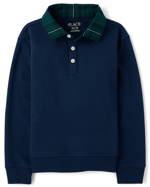 Boys Plaid Collar French Terry Rugby Polo