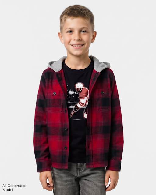 Boys Plaid Flannel Hooded Button Up Shirt