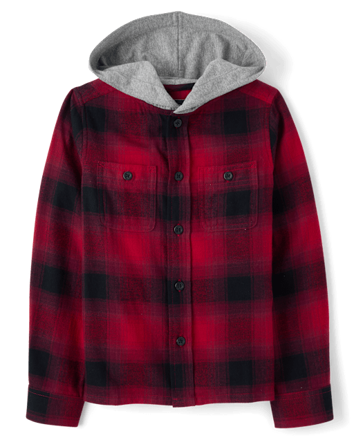 Boys Plaid Flannel Hooded Button Up Shirt