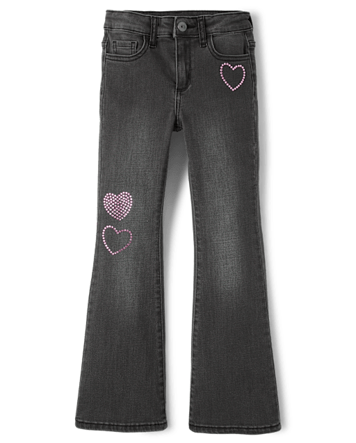 Girls Rhinestone Heart Flare Jeans