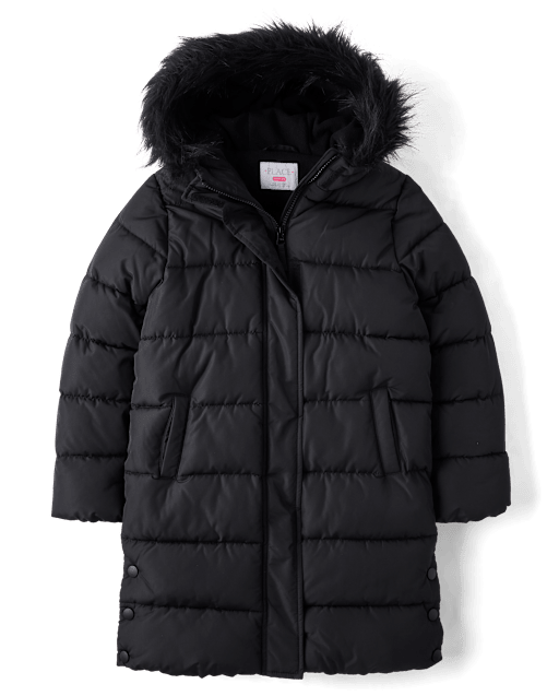 Girls Microfleece Lined Hooded Long Puffer Jacket