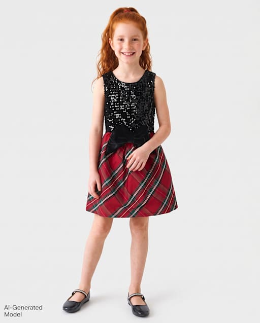Girls Sequin Plaid Oversized Bow Fit And Flare Dress