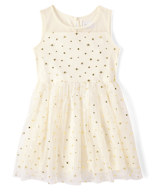 Girls Foil Star Mesh Fit And Flare Dress