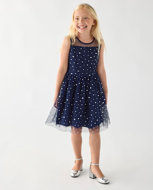 Girls Foil Star Mesh Fit And Flare Dress
