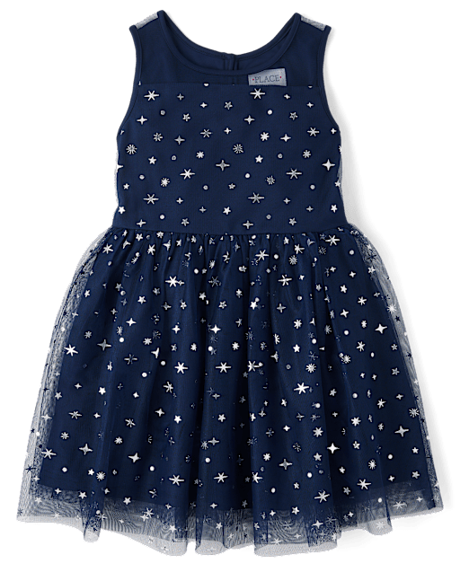 Girls Foil Star Mesh Fit And Flare Dress