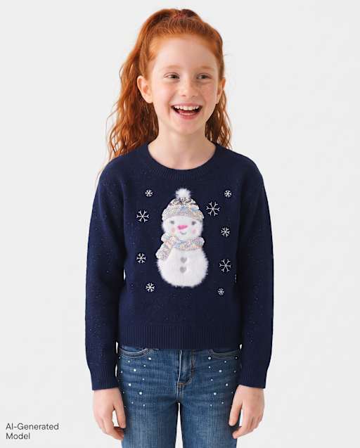 Girls Eyelash Sequin Snowman Sweater