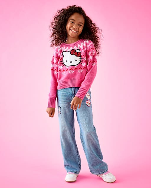 Girls Hello Kitty® And Friends Embroidered Patch Wide Leg Jeans