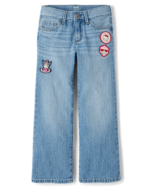 Girls Hello KittyÂ® And Friends Embroidered Patch Wide Leg Jeans
