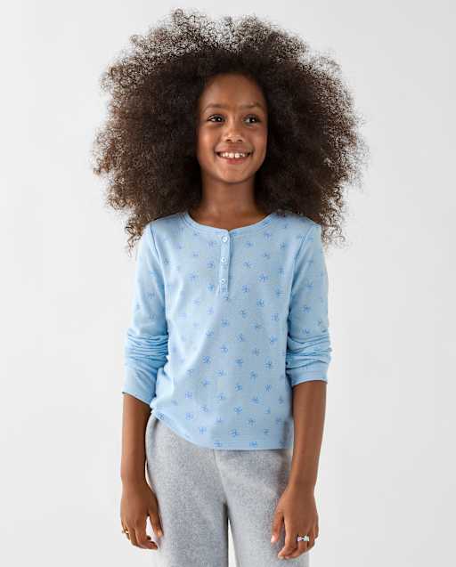 Girls Print Ribbed Henley Top