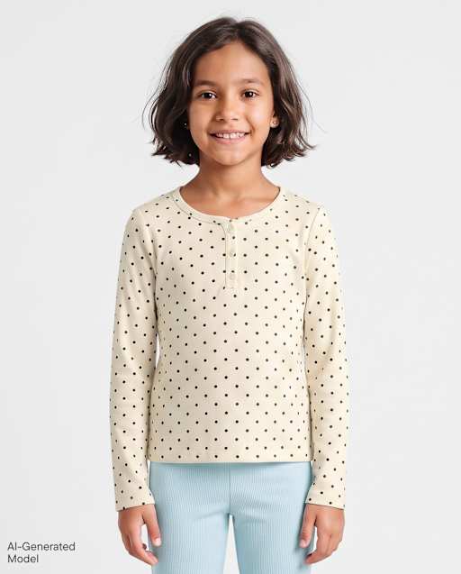 Girls Print Ribbed Henley Top