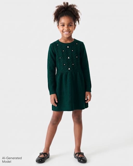Girls Rhinestone Cable Knit Sweater Dress