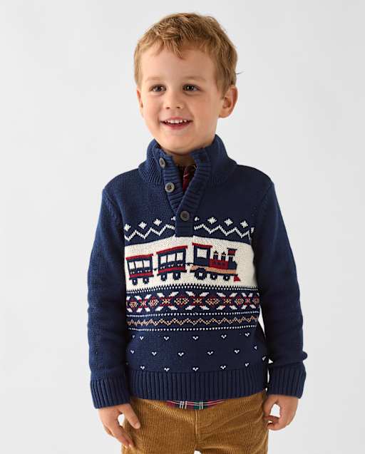 Toddler Boys Christmas Train Fairisle Mock Neck Sweater