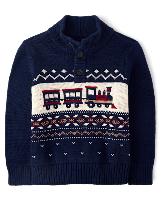 Toddler Boys Christmas Train Fairisle Mock Neck Sweater