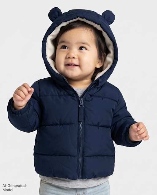 Baby Boys Bear Microfleece Lined Hooded Puffer Jacket