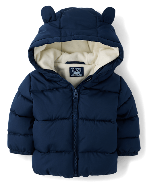 Baby Boys Bear Microfleece Lined Hooded Puffer Jacket