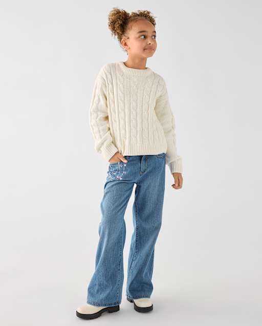 Girls Embroidered Chain Wide Leg Jeans
