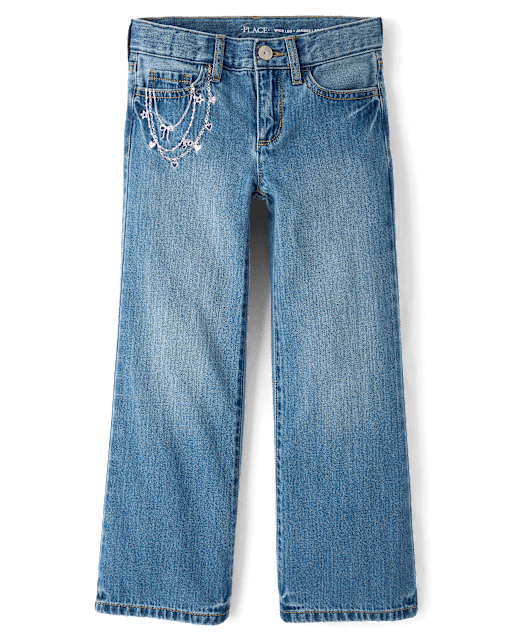 Girls Embroidered Chain Wide Leg Jeans